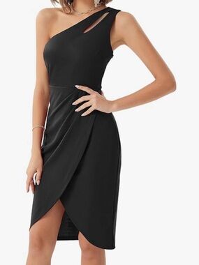 Grace Karin Black One-Shoulder Cutout Wrap Midi Dress